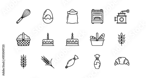 A set of minimalist line art icons depicting various baking and pastry making tools and treats