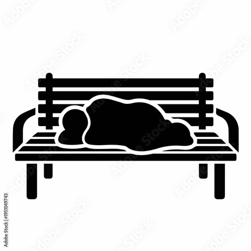 Minimalist icon of a park bench with a shrouded figure, representing homelessness or a person sleeping under a blanket in a public space