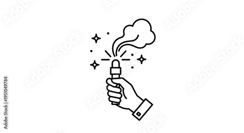 Hand holding a lit flare with smoke and sparkles.