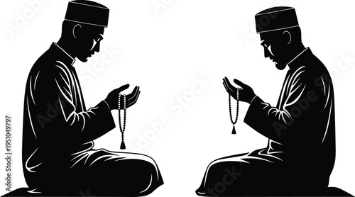 Silhouette of two Muslim men sitting and praying with tasbih beads for Ramadan Kareem Eid celebration and Islamic religious concepts