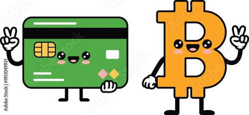 Cute credit card and bitcoin cartoon characters kawaii finance mascot illustration digital payment cryptocurrency vector design