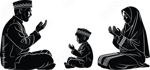 Silhouette of Muslim family praying together, father mother and son making dua, Islamic religion worship vector illustration on white background,