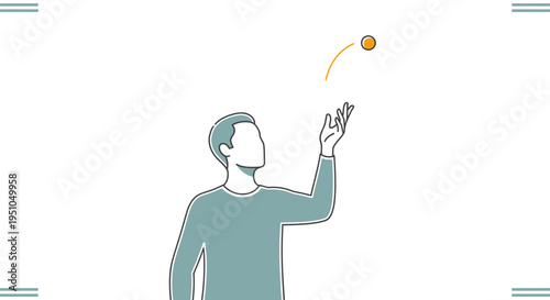 Man tossing a small orange ball in the air, minimalist line art illustration