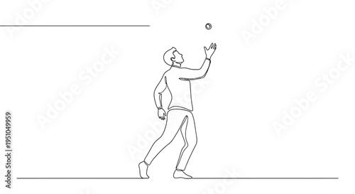 Man tossing a ball in the air, minimalist line art, single continuous stroke