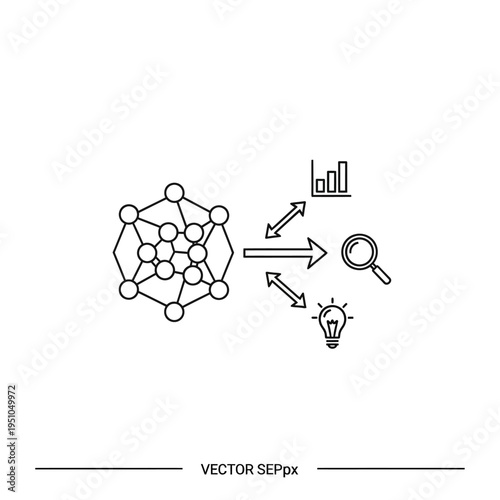 Abstract representation of data analysis and insights derived from a complex network structure, leading to business intelligence and innovation.