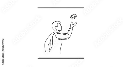 Man tossing coin in the air, single line drawing, minimalist, business concept