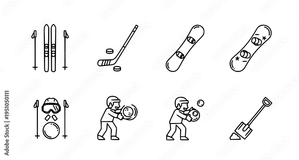 Obraz premium A set of vector icons depicting various winter sports equipment and accessories