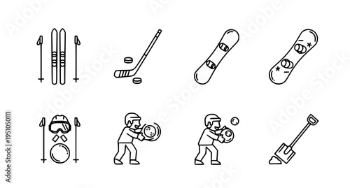 A set of vector icons depicting various winter sports equipment and accessories