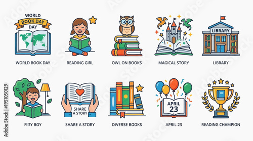 Set of business vector icons featuring a cartoon design of people and children for a comic style card illustration