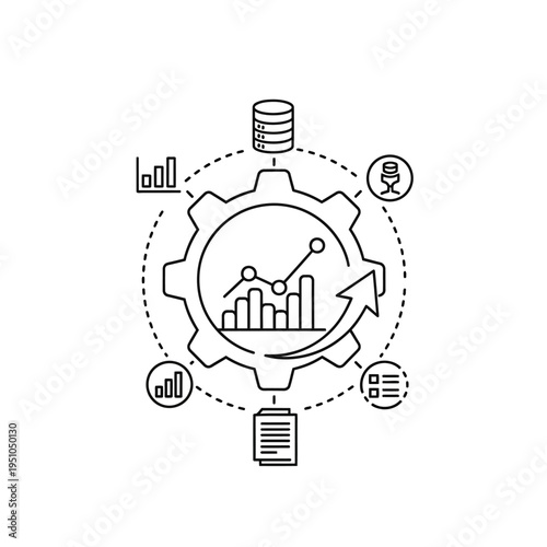 Conceptual illustration of data analysis and business process automation with a central gear and surrounding icons representing charts, databases, documents, and lists.