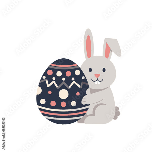 A cute cartoon illustration of a gray bunny rabbit holding a large, decorated Easter egg with a white background.