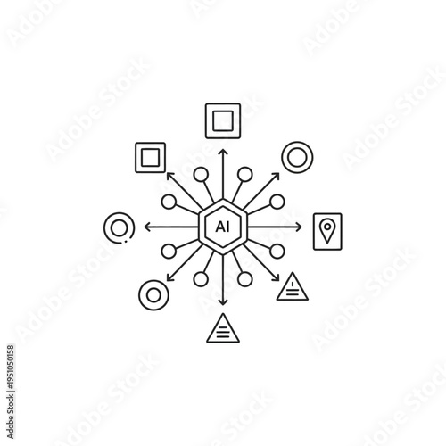 Centralized AI system with various data inputs and outputs represented by icons.