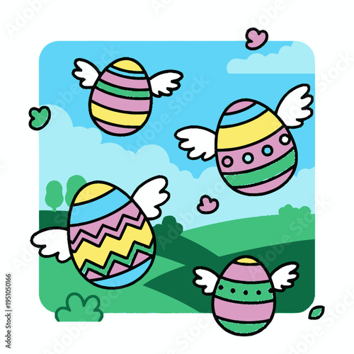 Whimsical Easter eggs with wings soaring through a vibrant green landscape under a blue sky.