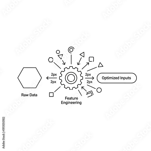 Illustration of the feature engineering process in data science, showing raw data being transformed into optimized inputs through a central gear mechanism.