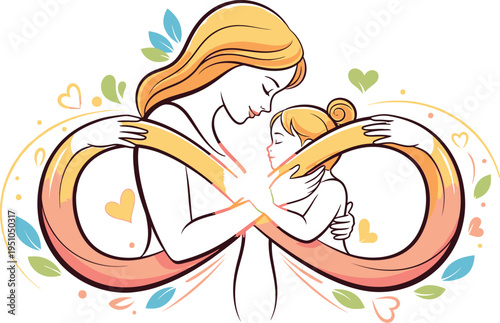 A heartwarming illustration portraying a loving mother tenderly embracing her young child, their arms forming an infinity symbol to represent an unbreakable, eternal bond of care and affection.