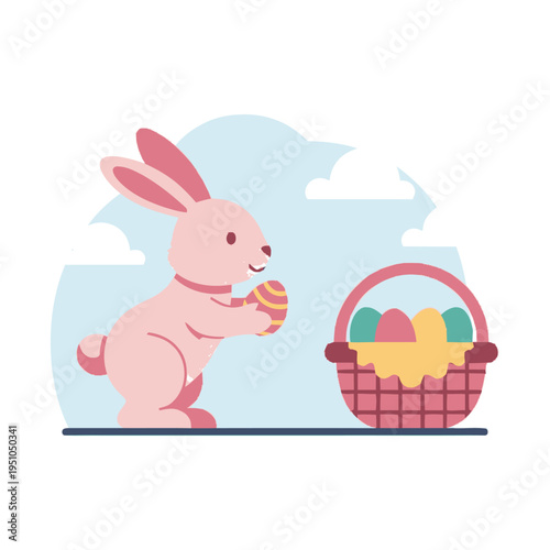 A cute pink Easter bunny is placing a decorated egg into a basket filled with colorful eggs and straw.