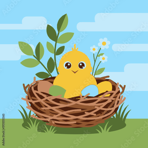 A cute yellow chick sits in a nest with colorful eggs and green leaves under a blue sky.