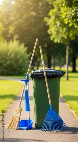 Green trash bin with blue and wooden cleaning tools on park pathway