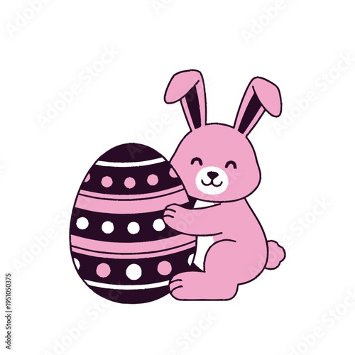 A cute pink cartoon bunny hugging a large decorated Easter egg with pink and white stripes and black dots.