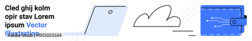 Digital payments, cloud storage, data security, e-wallets, online transactions, fintech innovation. Image shows a laptop, cloud icon and a digital wallet. Digital payments and cloud storage