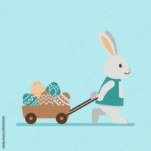 A cute cartoon bunny wearing a vest pulls a wagon filled with decorated Easter eggs across a light blue background.
