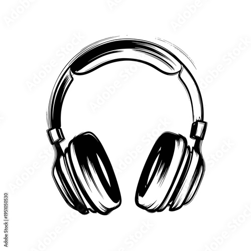 Sketch of black headphones in minimalist style on white background  