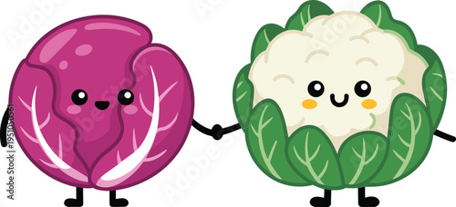 Cute red cabbage and cauliflower cartoon characters holding hands kawaii vegetable mascots healthy food vector illustration