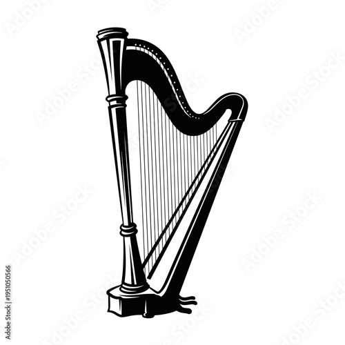 Black and white harp illustration with detailed design  
