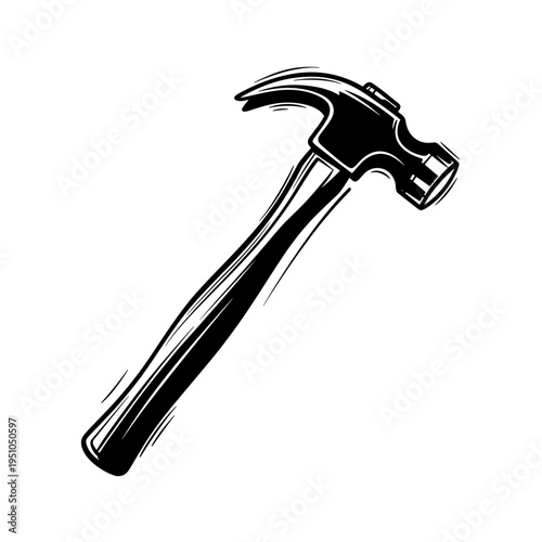 Classic hammer tool in black and white illustration style  