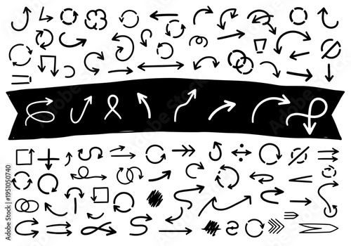 Set of hand drawn doodle arrows and symbols on white background
