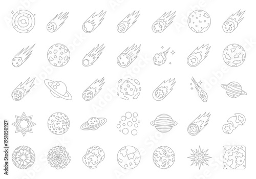 Space exploration line icons featuring planets comets and asteroids