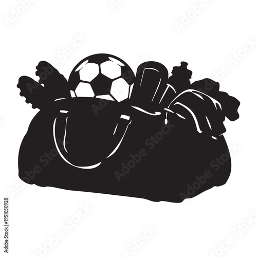 Sports duffel bag with soccer ball and shoes silhouette vector