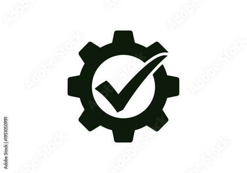 Technical maintenance gear wheel with check mark validation symbol