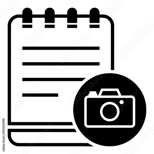 Calendar page icon combined with camera symbol, representing photography scheduling, photo sessions, booking, or media planning concept