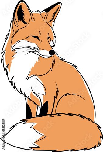 A charming cartoon illustration of a sly orange fox with closed eyes and a contented expression sitting gracefully on a plain background, perfect for nature-themed designs.