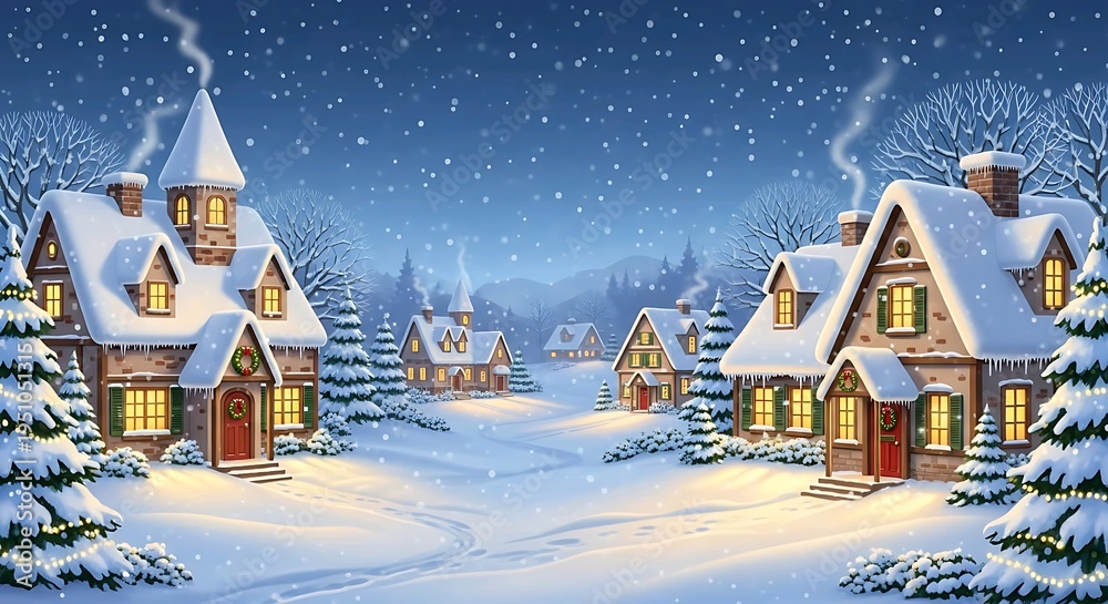 Fototapeta premium Cute snowy Christmas village with glowing houses and falling snow creating magical winter holiday scene illustration. Festive concept