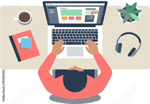 A person works on laptop with coffee and headphones on desk