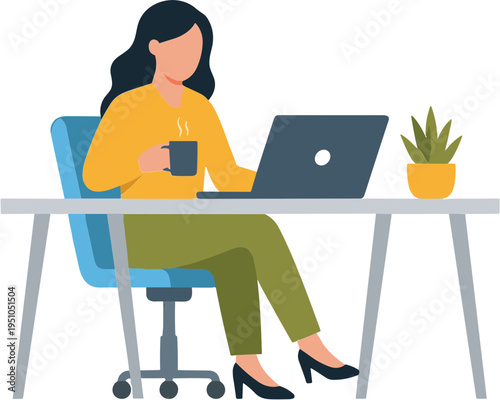Woman sits at desk with laptop, coffee, and plant in office