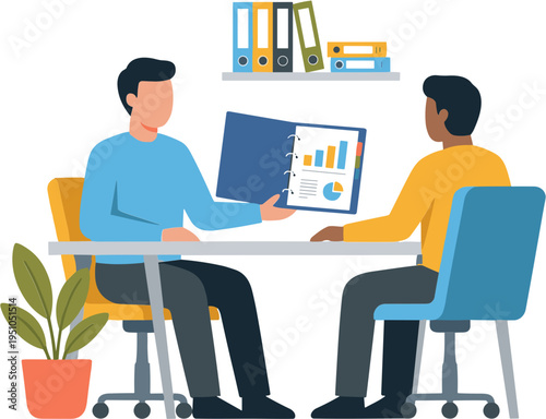 Two businessmen discuss documents at a desk with office supplies