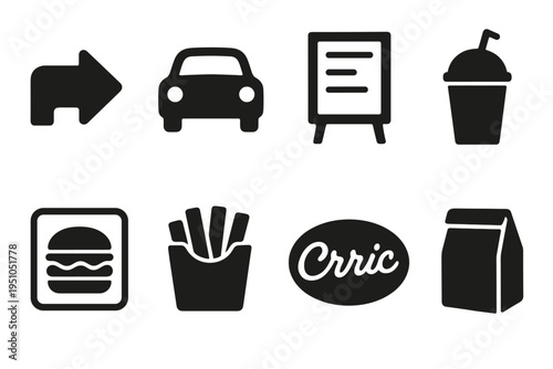 Retro Drive-Thru Icons. Nostalgic drive-thru branding. Filled icon set of nostalgic drive-thru branding: drive