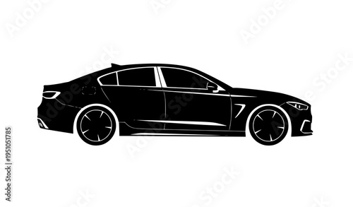 Sporty modern sedan vector silhouette in black side view on white background