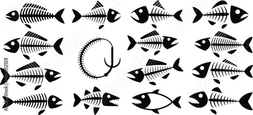 fish skeleton silhouettes collection, fishing hook and fish bone icons set, marine animal skeleton vector illustration, seafood symbol design