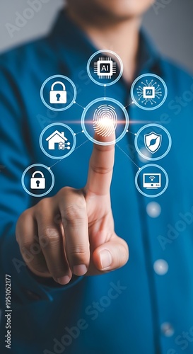 Person pressing fingerprint on virtual interface with A I and security
