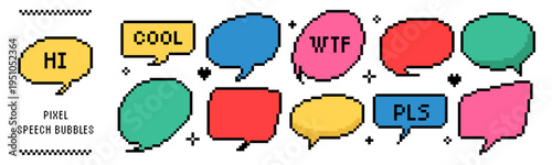 Pixel speech bubble set. 8-bit retro chat balloons and dialog boxes. Fun comic talk frames in Y2K style.