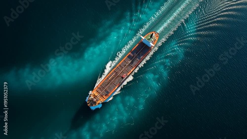 large merchant ship crossing Strait of Hormuz global trade corridor, deep blue water, Aerial view captures a cargo ship gliding through deep blue waters. Waves ripple behind as vessel moves steadily 