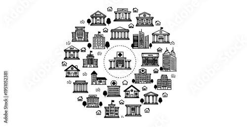 Buildings line icons bank hotel courthouse hospital city architecture outline vector set