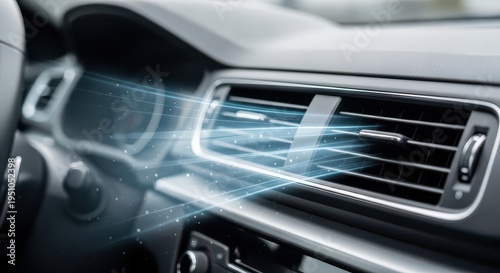 Close-up of a modern car's air conditioning vent with abstract blue light rays and particles flowing out, suggesting fresh, clean air and advanced climate control.