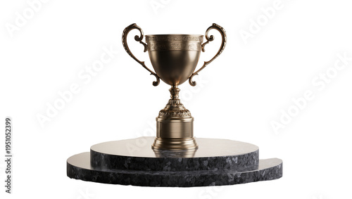 Konstfotografi Luxurious golden trophy cup, intricately detailed, resting on a two-tiered dark