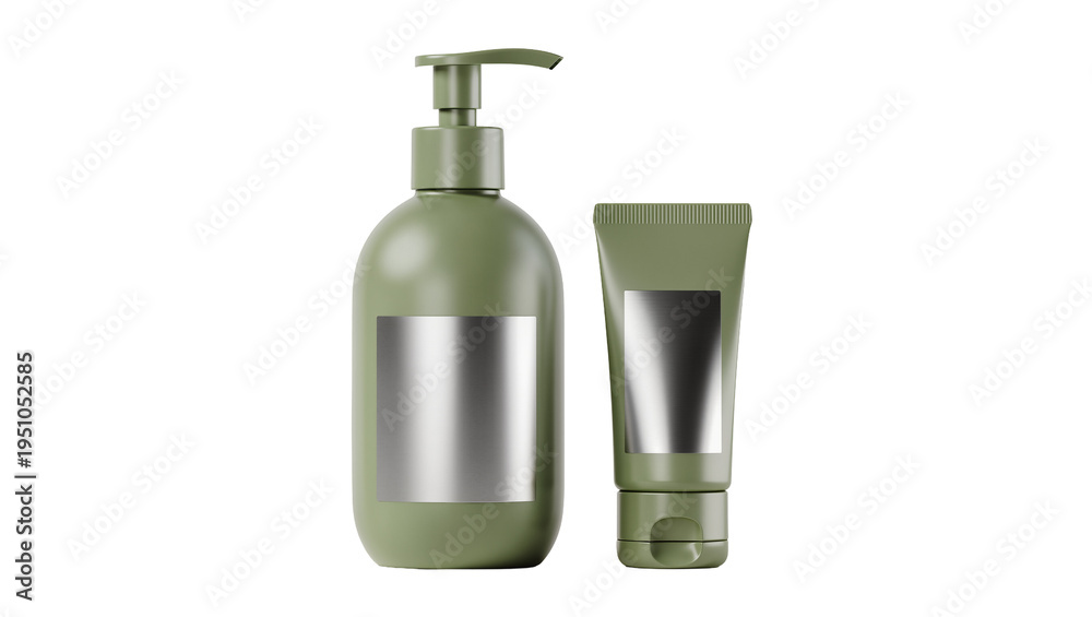 Obraz premium Isolated green cosmetic bottles, pump dispenser and squeeze tube with metallic labels, perfect for beauty product mockups, branding design PNG