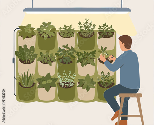 Man sitting on stool tending plants on vertical garden wall indoors